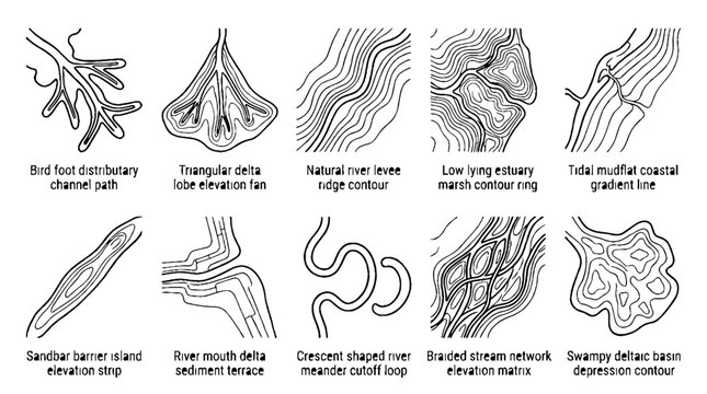 Scientific illustration of river delta formations and geological topographic contour line patterns.