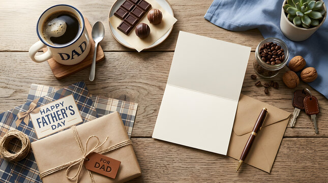 Fathers day gift box coffee mug chocolate and keys on wooden table background, top view, flat lay.