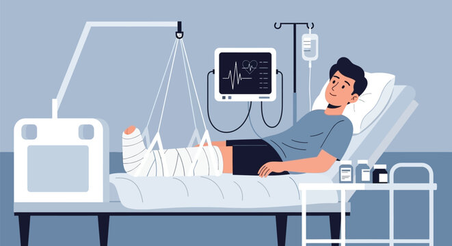 Man lying in hospital bed, recovering from leg injury, with medical equipment and IV drip, showing healthcare and patient care in medical facility setting.