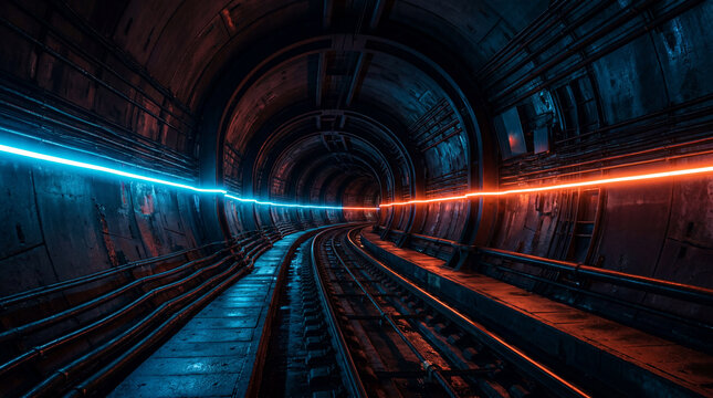 Glowing neon light rails illuminating dark futuristic transit subway tunnel fast speed transportation background design