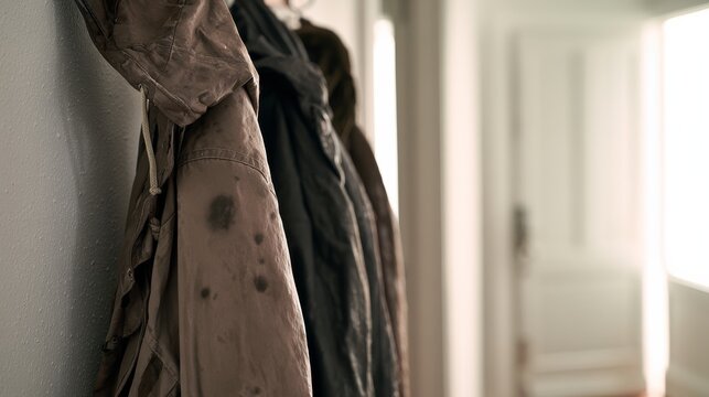 Worn jackets hang on hooks in a hallway near a door leading to natural light outside