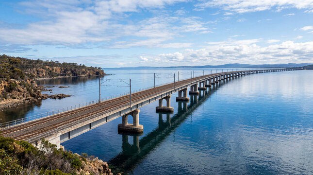 Parallel Train Tracks Spanning Across Quiet Reflective Blue Ocean Over Massive Modern Bridge Structure View