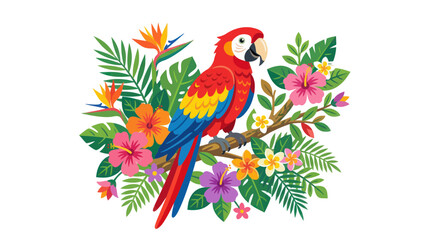 Scarlet macaw parrot on a branch surrounded by tropical flowers © nero