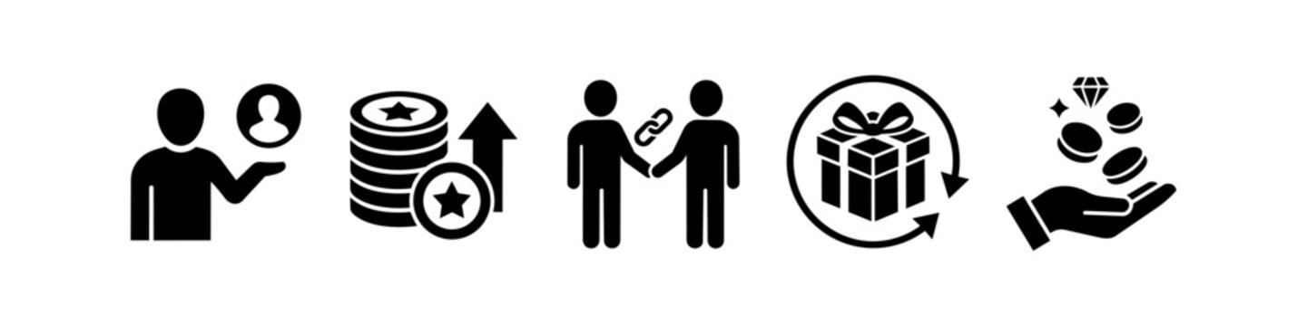 Set of flat vector icons for referral marketing, loyalty programs, and business partnerships featuring rewards, coins, gifts, and handshakes.