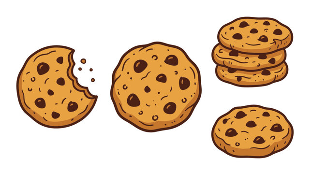 Hand drawn chocolate chip cookies with bite mark and stack
