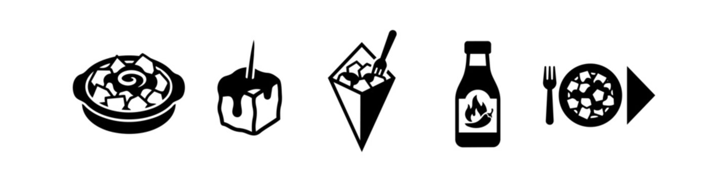 Set of black and white icons representing Spanish patatas bravas, featuring different serving styles such as a bowl, paper cone, hot sauce bottle, and individual cubes with toothpicks.
