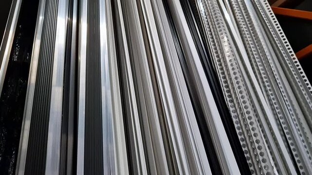 Various types of aluminum profiles (angular, T-shaped) on the shelf of a building materials store. Aluminum profiles on a rack in a building hypermarket. A wide range of fittings for repair