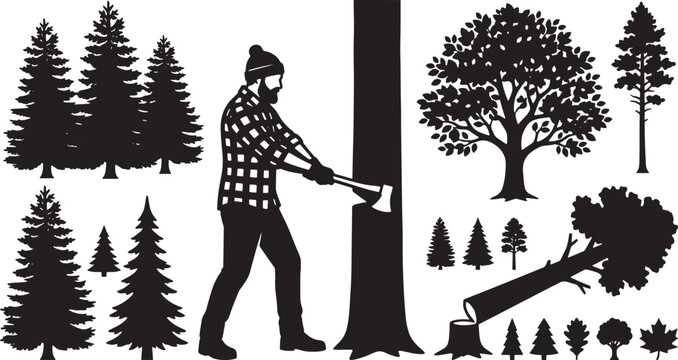 Lumberjack chopping a tree silhouette set with various forest pine and deciduous tree icons for graphic design