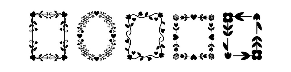 Set of five black floral and heart silhouette frames. Elegant decorative borders for wedding invitations, greeting cards, and romantic stationery on a white background. © Nort Kor