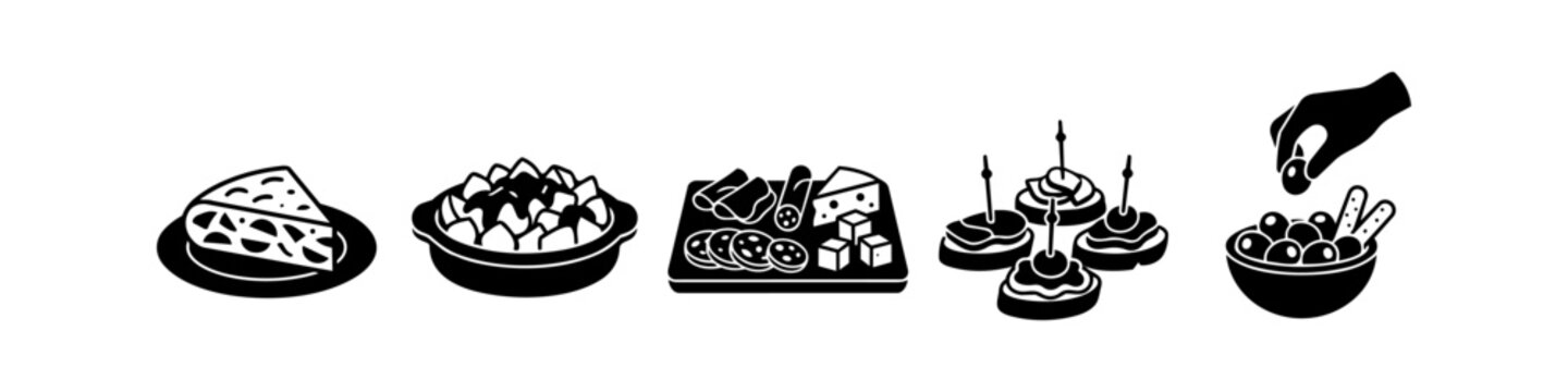 Collection of black silhouette icons representing Spanish tapas, including tortilla, patatas bravas, charcuterie, pinchos, and olives. Ideal for menus and culinary branding.