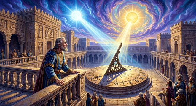 Bible, An epic-scale, surreal digital art piece capturing the impossible moment when the shadow on the royal sundial moves backward ten degrees. 