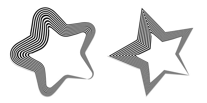 Two abstract star shapes with parallel black and white wavy line patterns on white background isolated on a transparent background