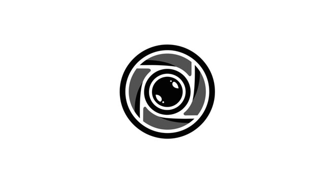 Minimalist monochrome graphic design of a camera lens aperture, conceptual logo element.
