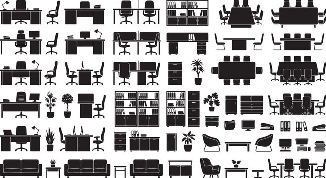 Office furniture silhouette icon set including desks chairs conference tables cabinets and workplace equipment in vector format