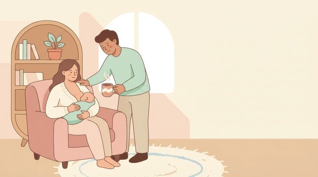 A partner offers a cup of warm drink to a mother breastfeeding her baby in a cozy chair at home during the day.