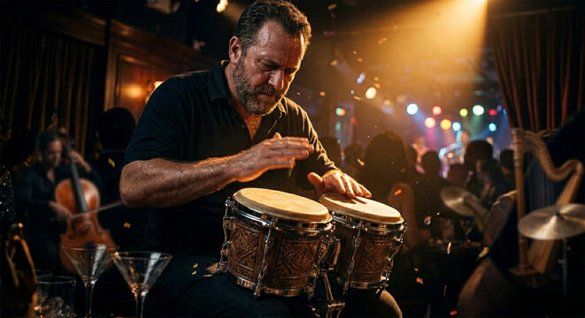 An atmospheric, cinematic portrait of a percussionist in a dimly lit, high-energy salsa club, caught in a moment of intense performance, with a single, sharp spotlight catching the sweat on their hand
