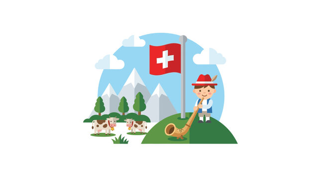 Swiss Alpine Scene with Traditional Musician and Cows on Pasture
