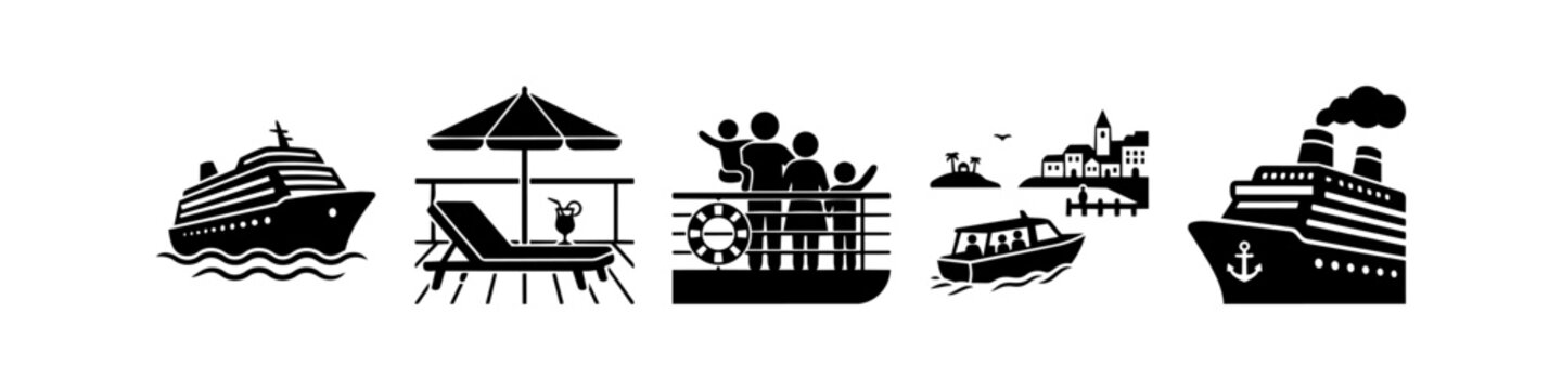 Collection of black and white icons representing cruise travel, featuring luxury liners, family vacations, deck relaxation, and coastal excursions.