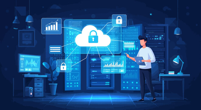 Woman interacting with secure cloud computing data visualization.