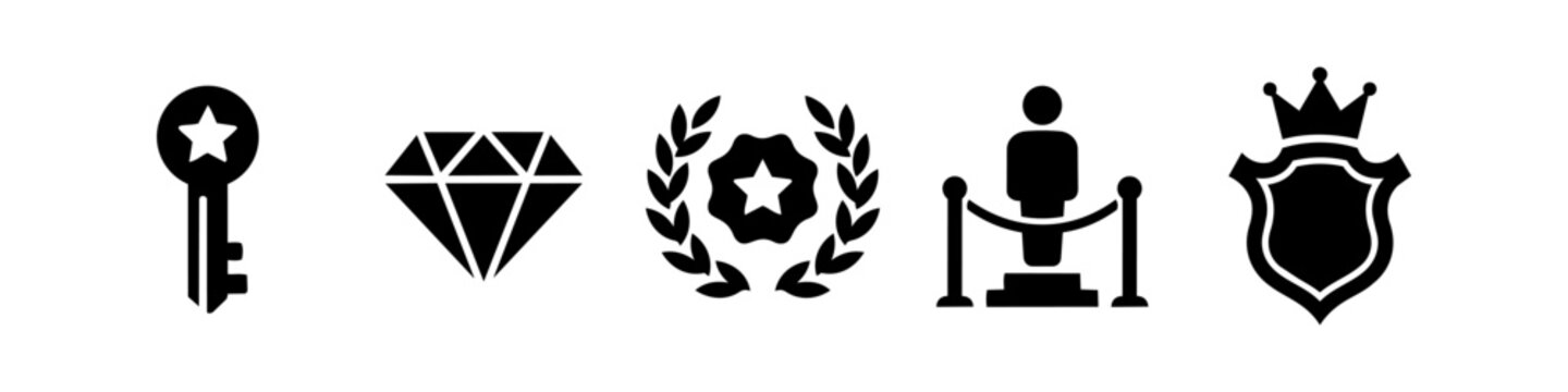 Set of premium VIP and luxury icons featuring a star key, diamond, laurel wreath award, VIP person on podium, and crowned shield. Minimalist black vector icons on white background for web design.
