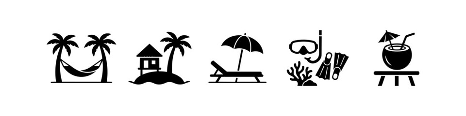 Set of black tropical beach vacation icons including hammock, palm trees, island bungalow, sunbed with umbrella, snorkeling gear, and a coconut drink. Perfect for travel and summer design. © Nort Kor