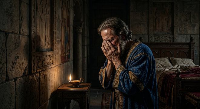 Bible, A powerful, high-contrast digital painting of Hezekiah turned toward the wall, his face buried in his hands as he weeps and prays for his life. 