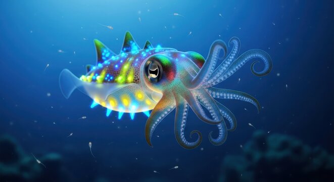 Bioluminescent Cuttlefish Swimming in the Deep Ocean