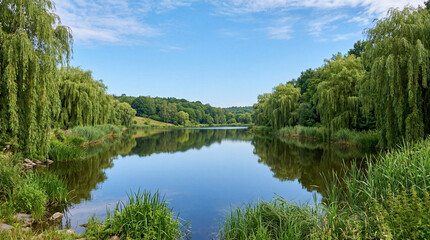 Obraz premium Serene Nature Lake Landscape Surrounded By Weeping Willow Trees And Vibrant Green Reed Plants Scenery