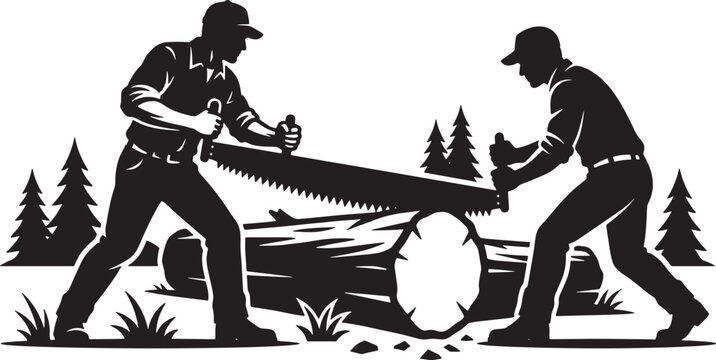 Two lumberjacks sawing a large tree log with a crosscut saw in a forest vector illustration