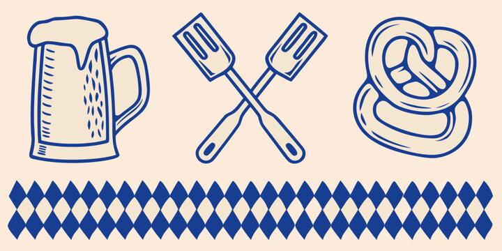 Beer mug grilling spatulas and pretzel illustration with diamond pattern