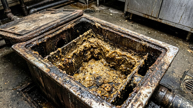 Maintenance Close Up Of Thick Solidified Fat Crust Inside Open Commercial Kitchen Grease Interceptor Trap