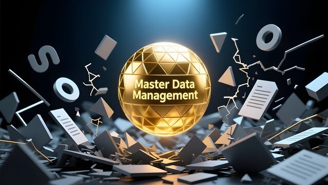 Master Data Management concept with golden sphere, corporate information governance and digital database organization, abstract business intelligence technology