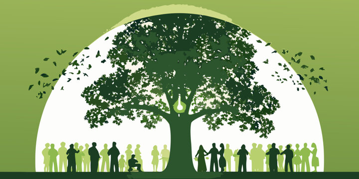Tree Silhouette With People And Birds Vector Illustration On Green Background