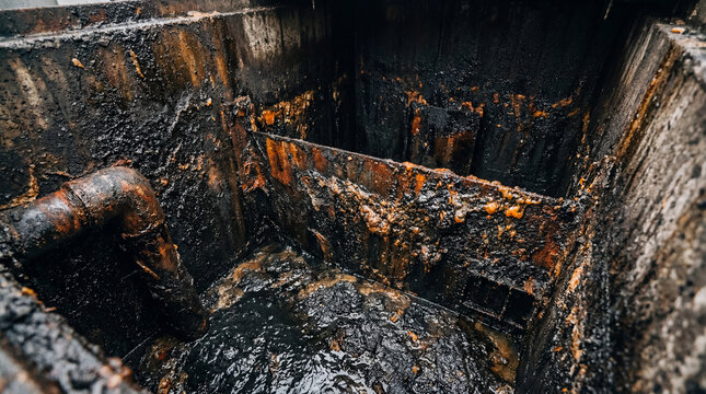 Disgusting Thick Grease Buildup And Sludge Coating Interior Walls Of Industrial Commercial Grease Trap System