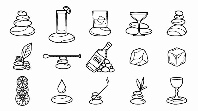 Collection of minimalist line art icons featuring zen stones and cocktail elements.