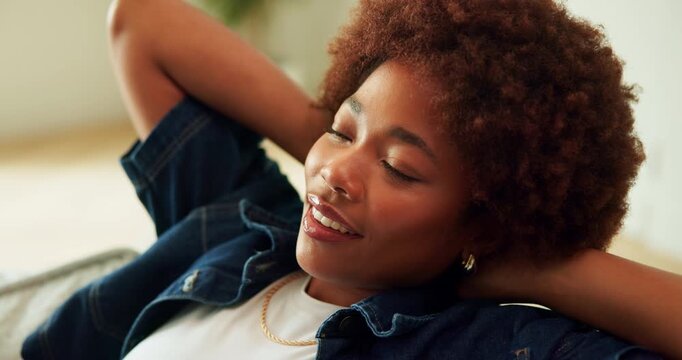 Black woman, relax and peace in home with thinking, reflection or perspective on off day in living room. Female person, rest or break with vision, comfort and happy mindset with mindfulness at house