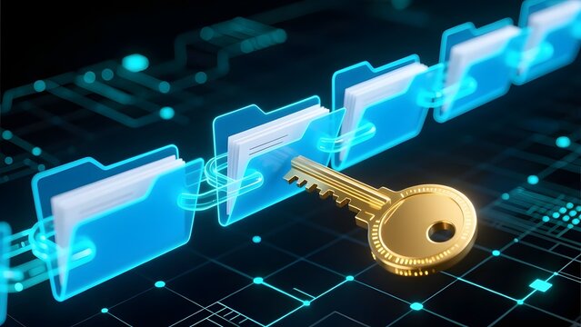 Cybersecurity data protection concept, digital folders secured by blockchain technology, golden encryption key unlocking private cloud storage files
