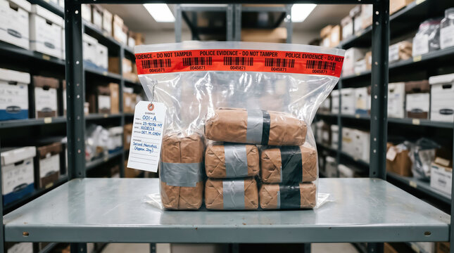 Sealed plastic evidence bag containing wrapped narcotics packages with warning tape on police storage room shelf. Conceptual approach to crime and punishment with copy-space.