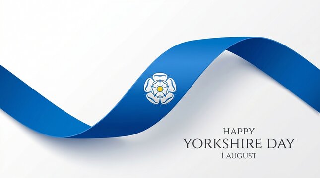 Happy yorkshire day celebration with blue ribbon and white rose symbol, heritage