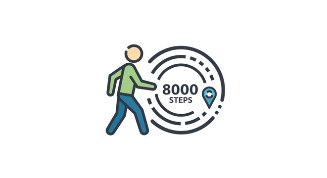 Person walking with 8000 steps tracker icon and location pin