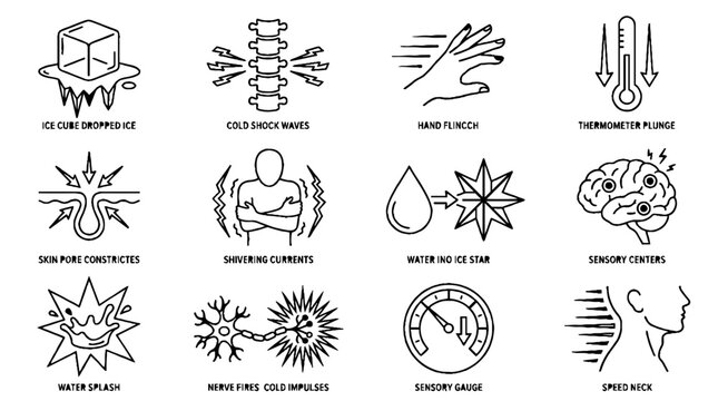 Medical line icons showing symptoms of cold exposure and hypothermia effects on the human body.