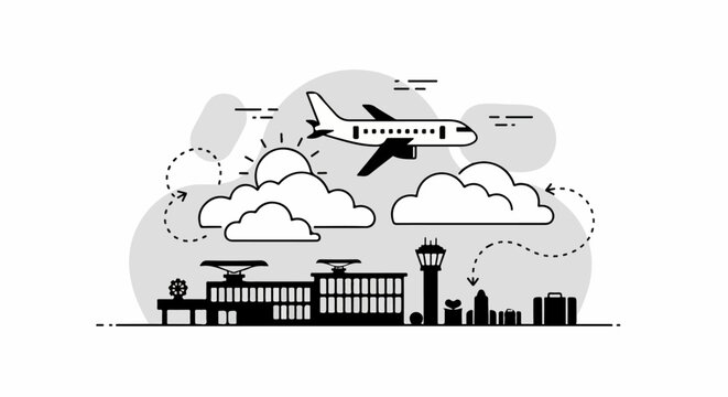 Airplane Flying Over Airport Terminal.