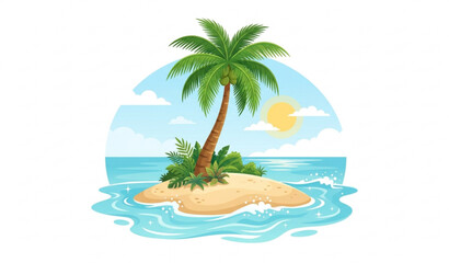 Fototapeta premium Tropical Palm Tree Island with Sea Waves Vector Illustration