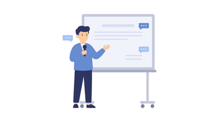 Obraz premium Business presenter holding microphone explaining ideas on whiteboard, flat vector webinar training illustration