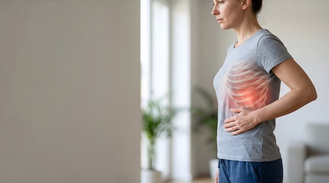 Woman Holding Side With Rib Pain