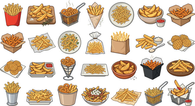 French Fries and Fast Food Potato Vector Set Featuring Crispy Crinkle Cut Fries, Waffles, Curly Rings, Wedges, Cheese Loaded Platters, and Takeaway Packaging Menu IllustrationsFrench Fries and Fast Fo