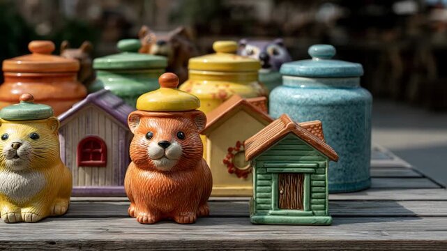 Vintage ceramic cookie jars at an outdoor market