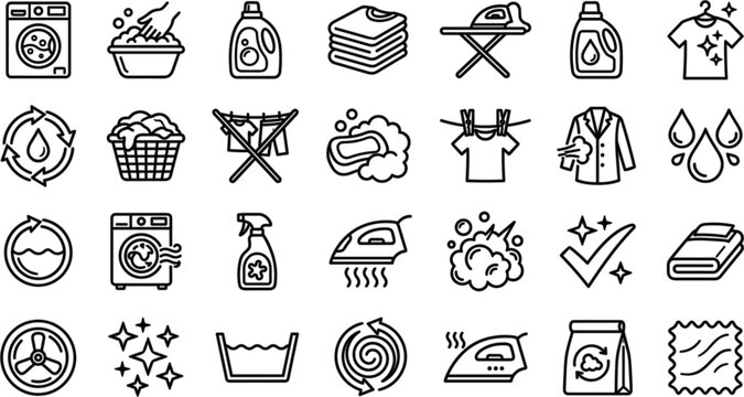 Laundry and Garment Care Line Icon Set Featuring Washing Machines, Detergent Bottles, Clotheslines, Electric Irons, Steaming Suits, and Fabric Maintenance Vector SymbolsLaundry and Garment Care Line I