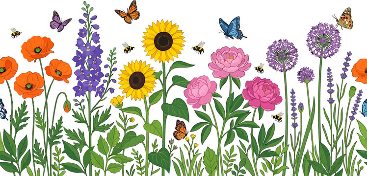 Wildflower meadow border with sunflowers poppies peonies and butterflies in a flat vector illustration for garden design