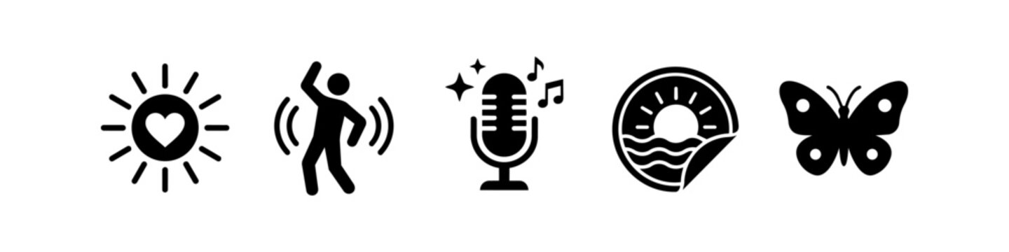 Set of minimalist black vector icons including a heart sun, dancing figure, microphone, sunset badge, and butterfly on a white background.